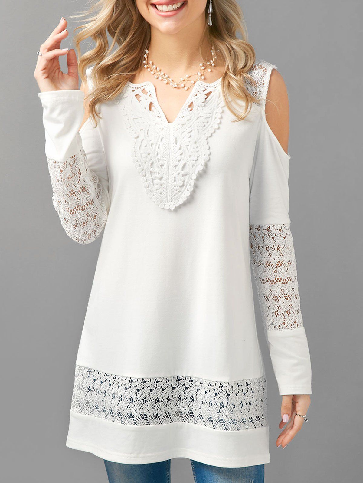 

Lace Panel V Neck Cold Shoulder T-shirt, White