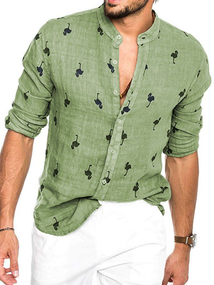 

Tiny Flamingo Print Long Sleeve Button Vacation Shirt, Dark sea green