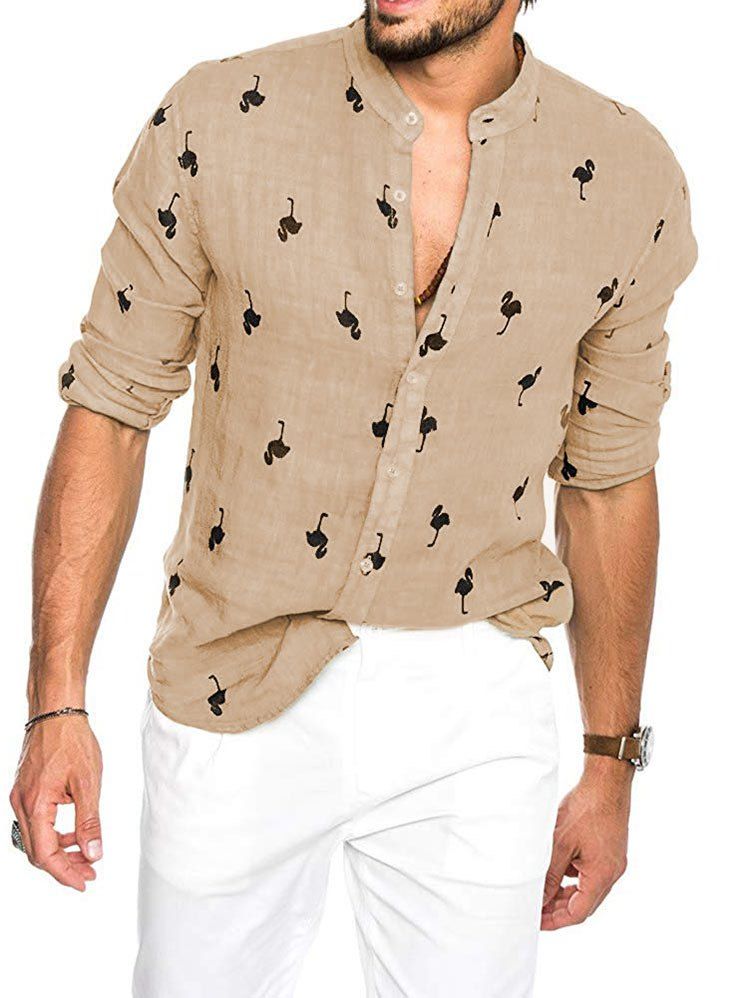 

Tiny Flamingo Print Long Sleeve Button Vacation Shirt, Light khaki