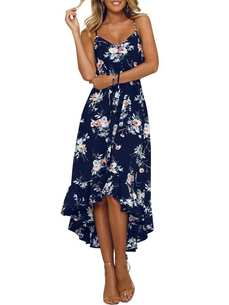 

Floral Ruffle Sleeveless Asymmetrical Dress, Midnight blue