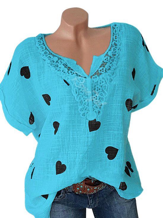 

Plus Size Heart Print Lace Crochet Graphic Blouse, Turquoise