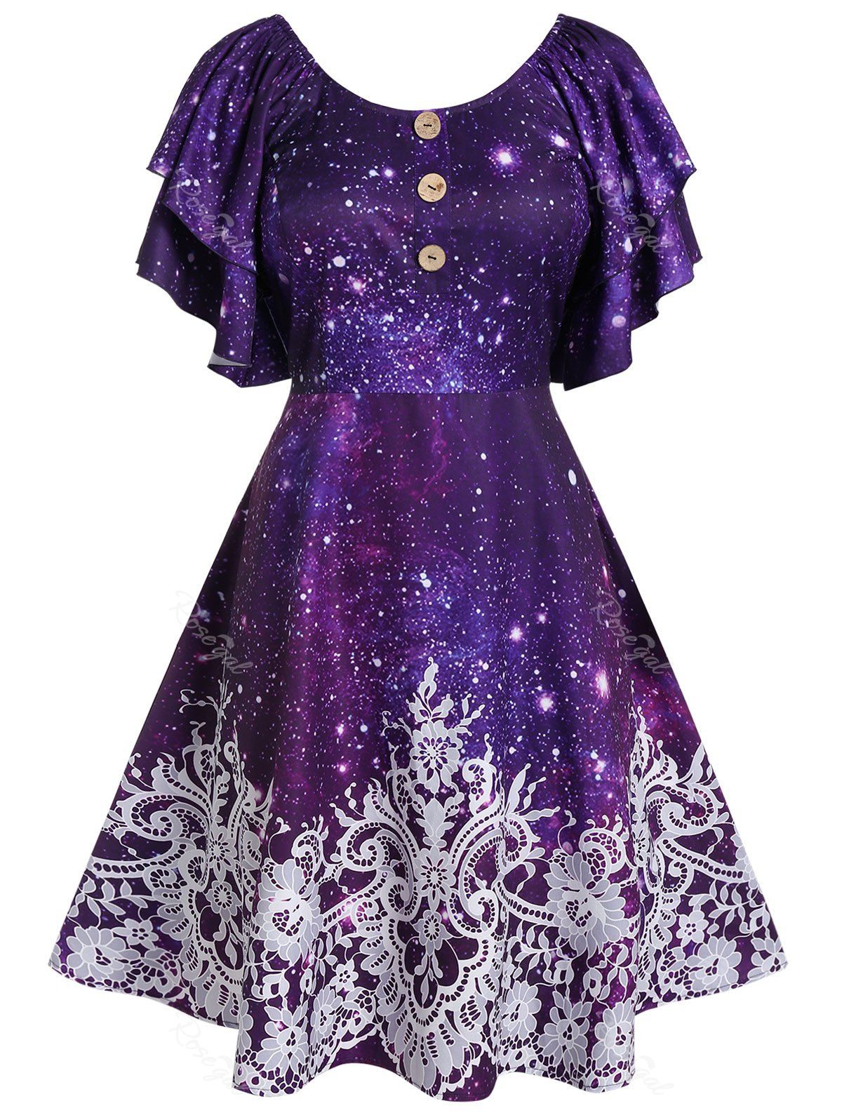 [39% OFF] Plus Size Button A Line Galaxy Print Vintage Dress | Rosegal