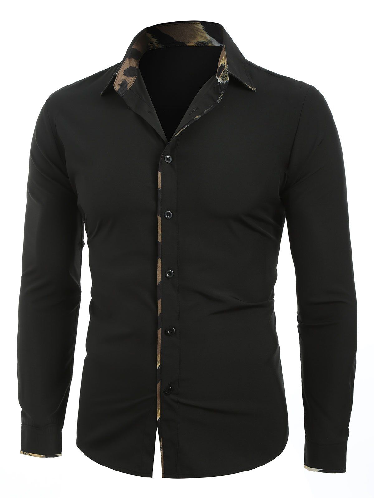 

Leopard Trim Button Up Long Sleeve Shirt, Black