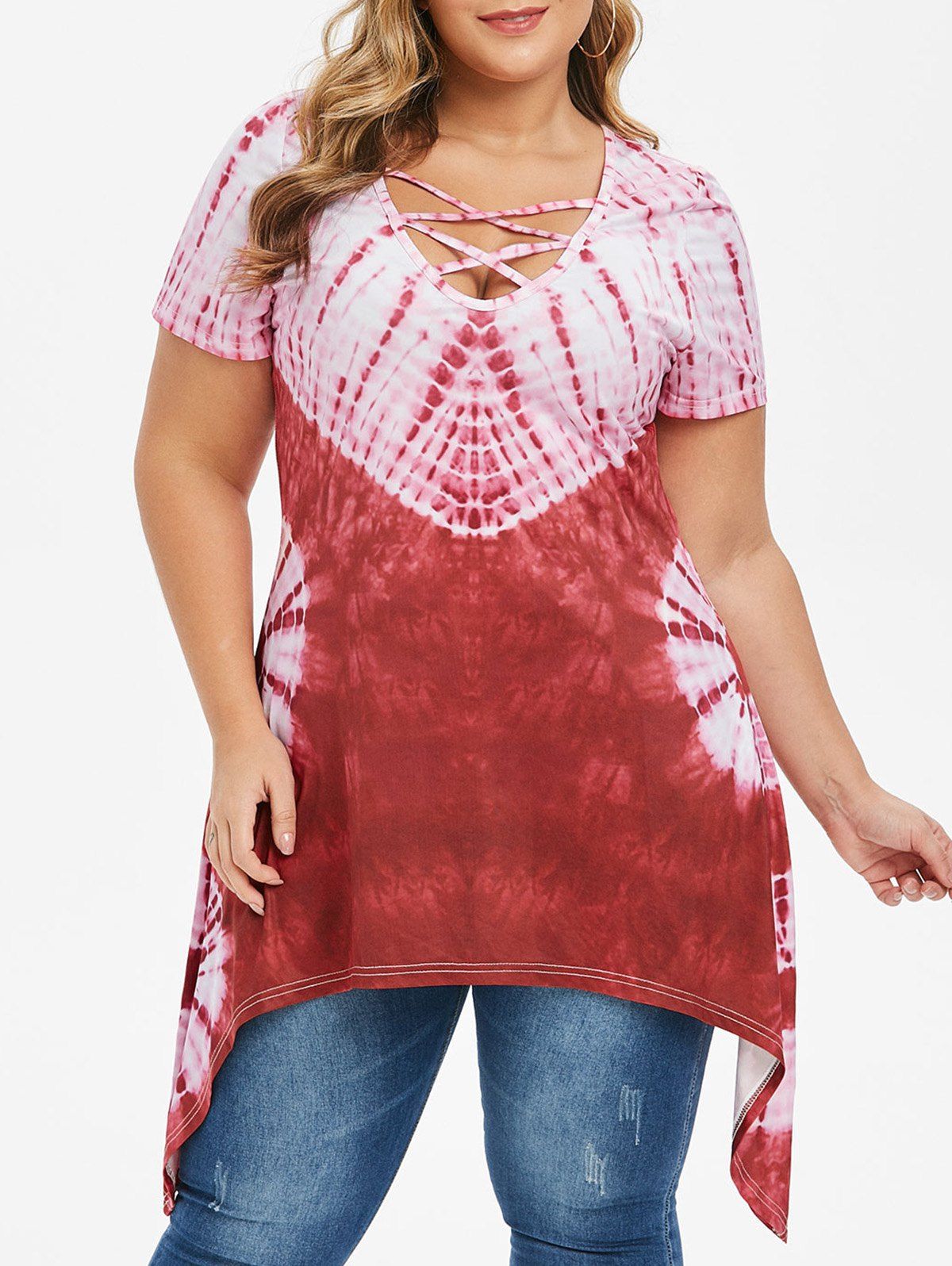 

Plus Size Criss Cross Tie Dye Hanky Hem T-shirt, Red