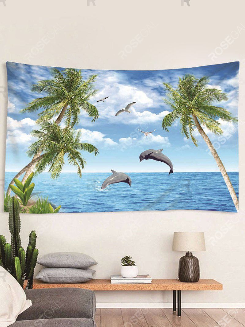 

Seaside Palm Trees Dolphin Print Tapestry Wall Hanging Art Decoration, Multi-a