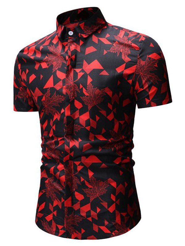 

Geometric Leaf Print Button Up Casual Shirt, Red