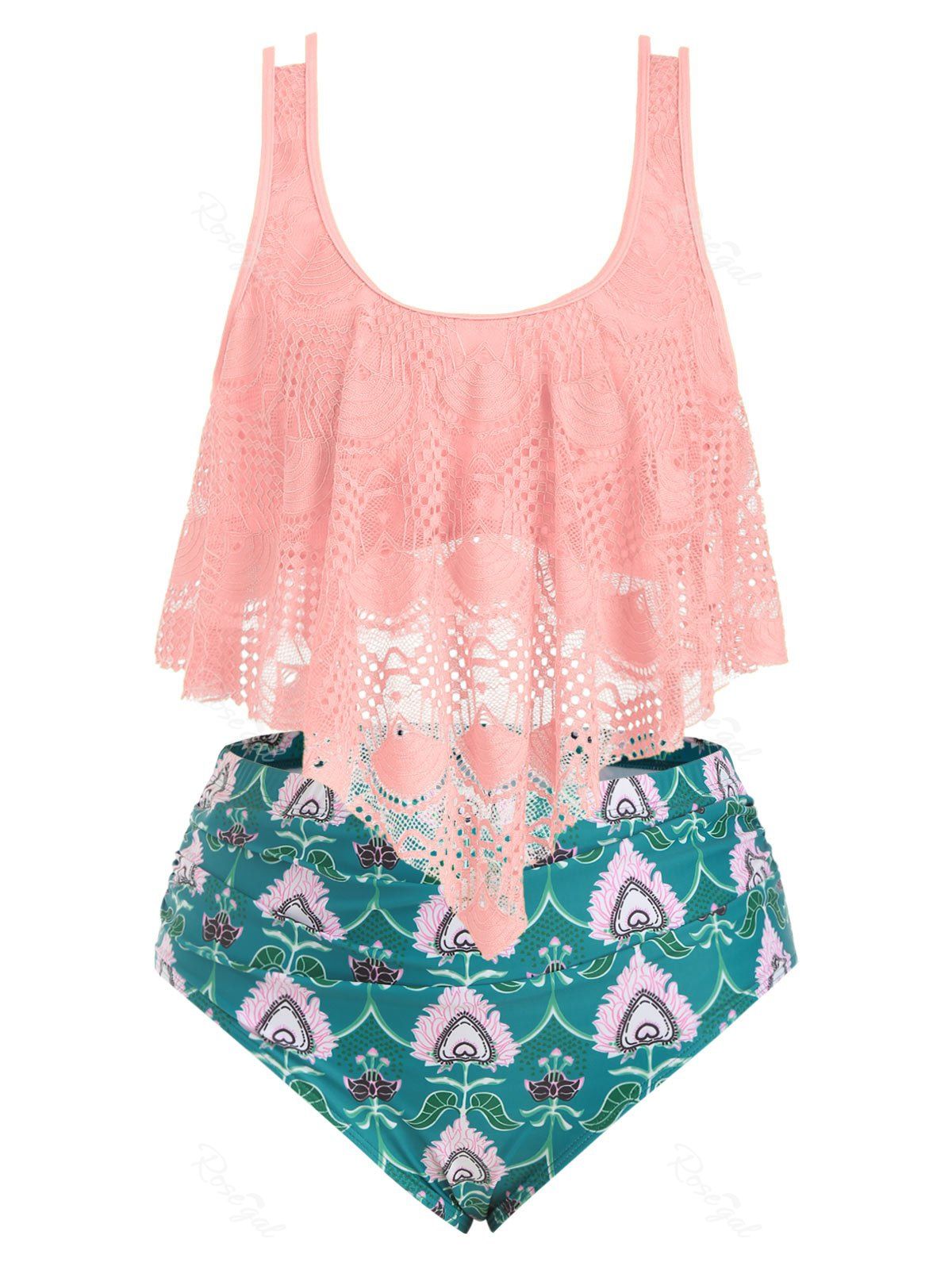 

Plus Size Printed Lace Overlay Tankini Swimwear, Pink
