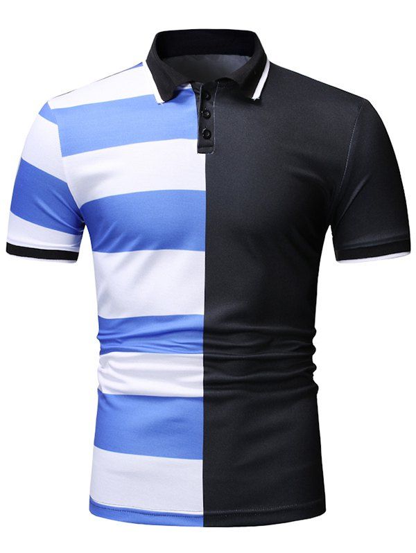 

Contrast Stripe Patch Shirt Collar T Shirt, Ocean blue