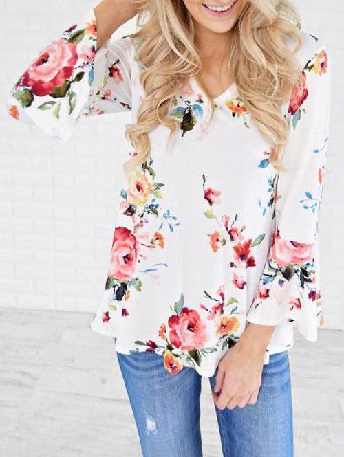 

Floral Bell Sleeve V Neck T-shirt, White