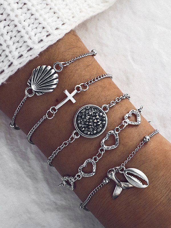 

5Pcs Heart Cross Shell Fishtail Bracelet Set, Silver