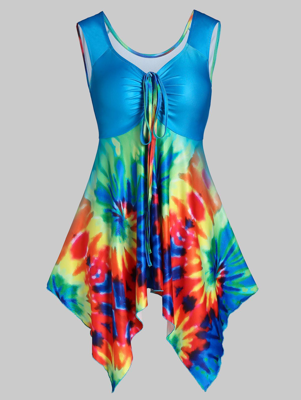 

Handkerchief Cinched Spiral Tie Dye Print Empire Waist Tank Top, Sky blue