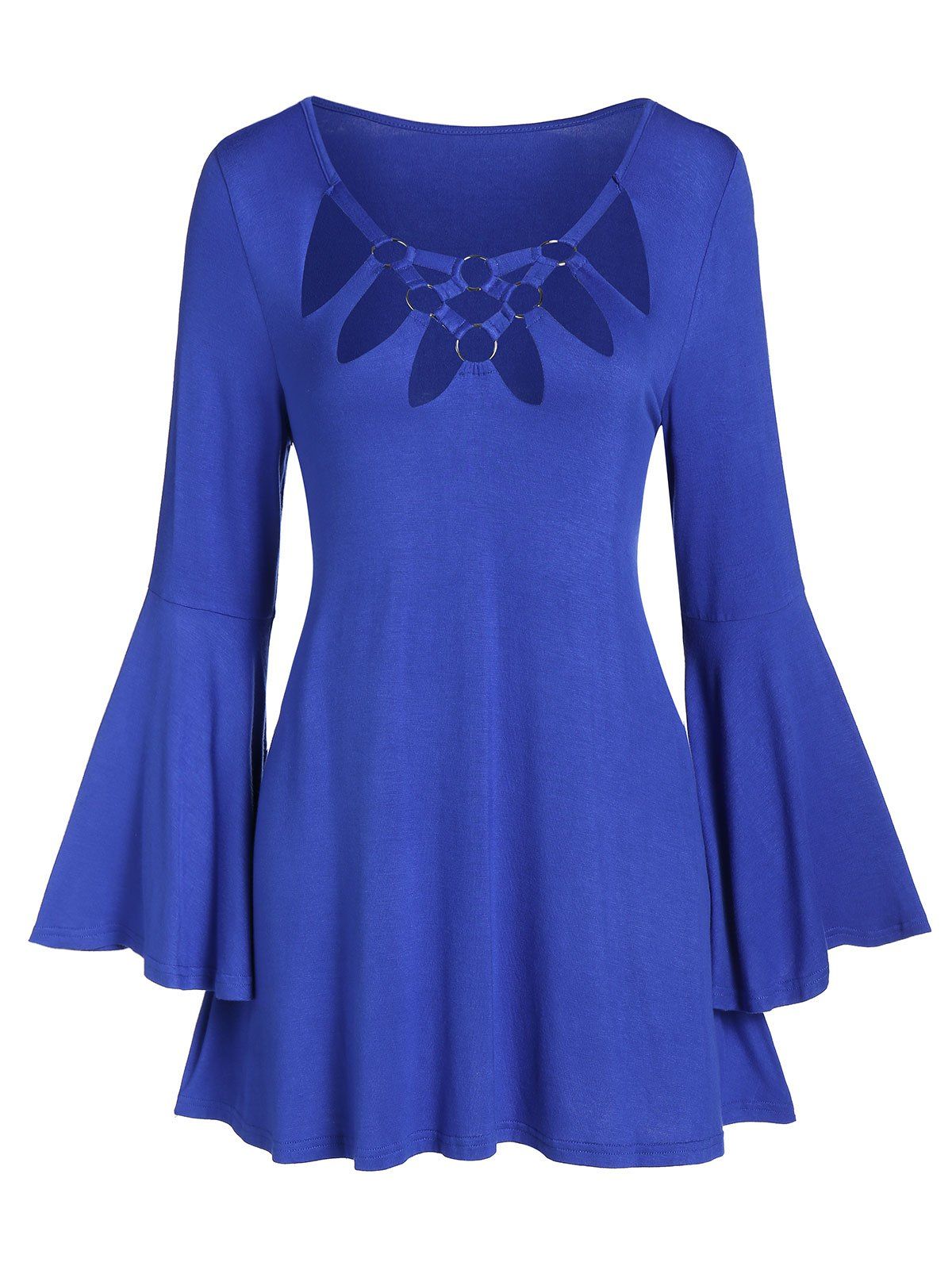 

O-ring Hollow Out Bell Sleeve Tunic Tee, Blue