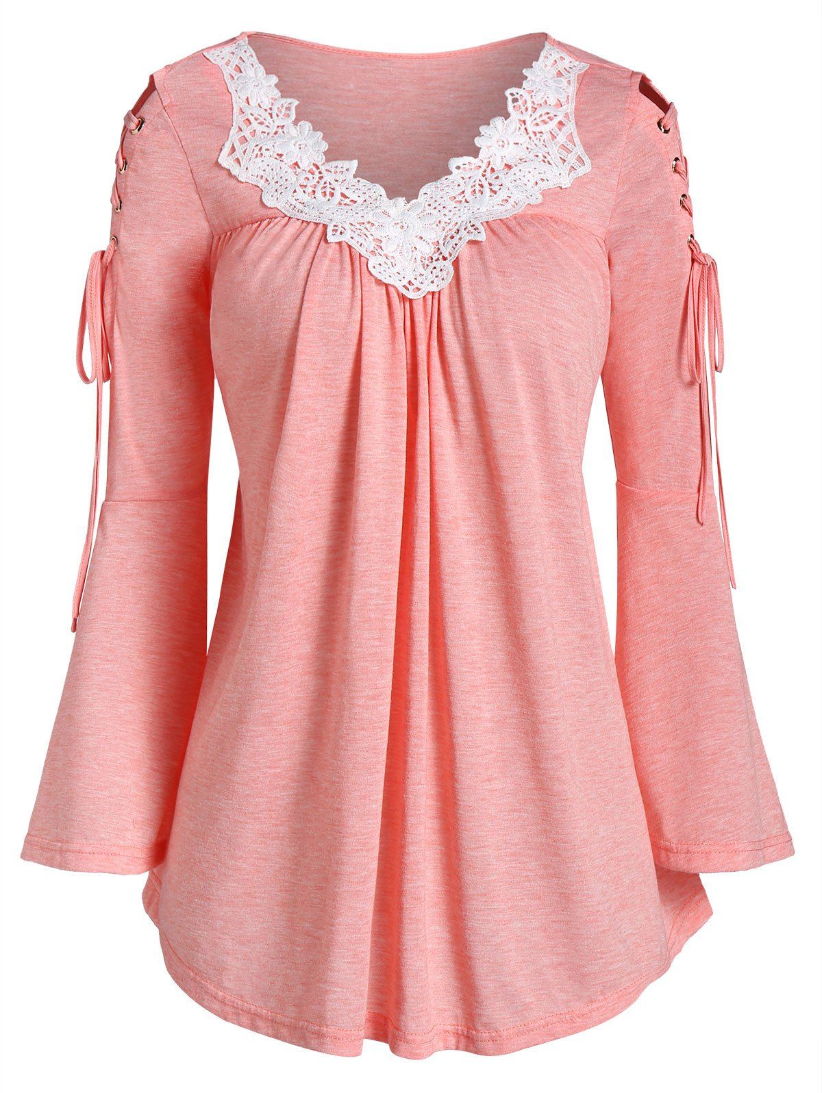 Contrast Lace Lace Up Bell Sleeve T-shirt, Pink