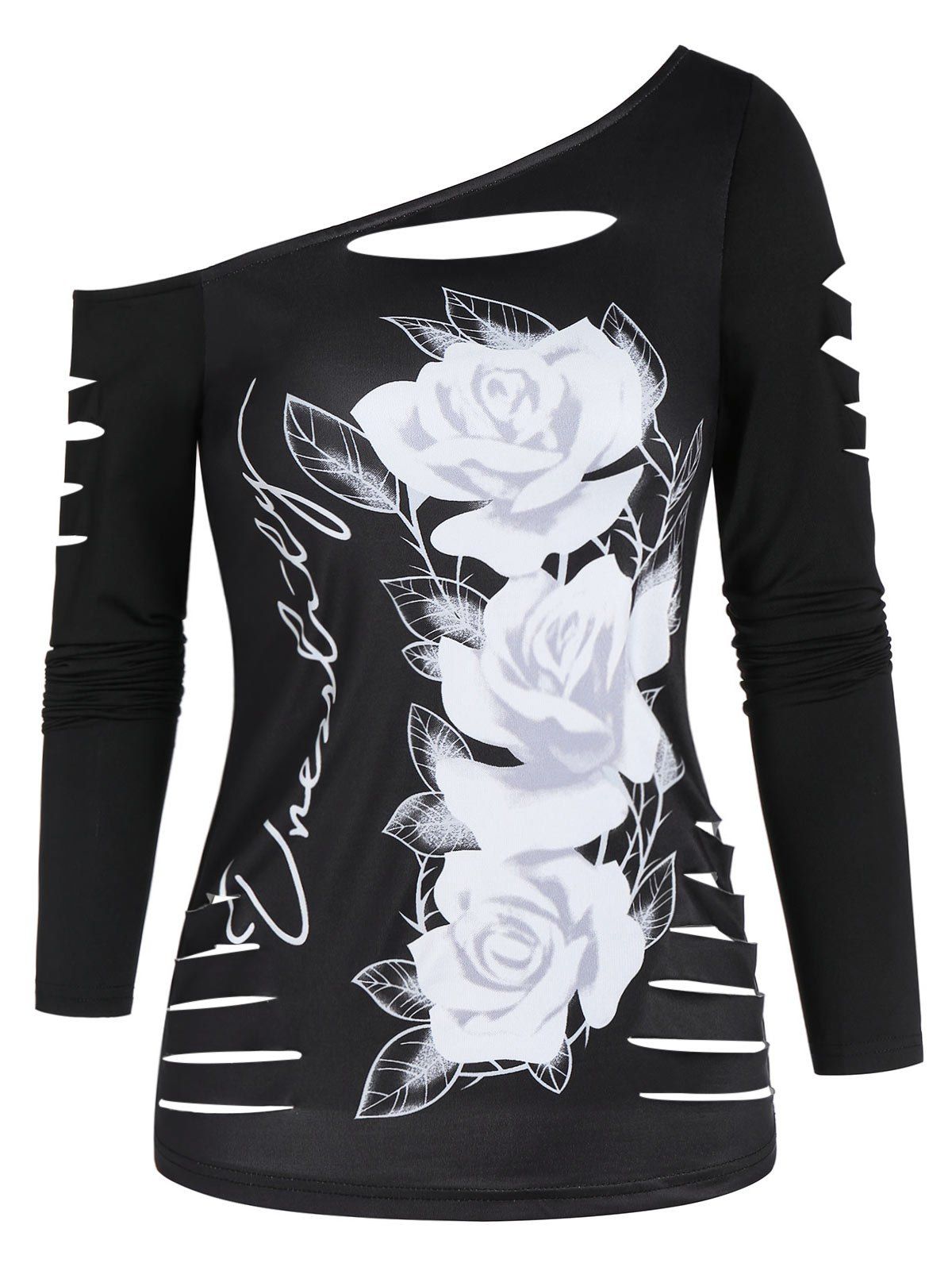 

Skew Collar Floral Print Cut Out T Shirt, Black