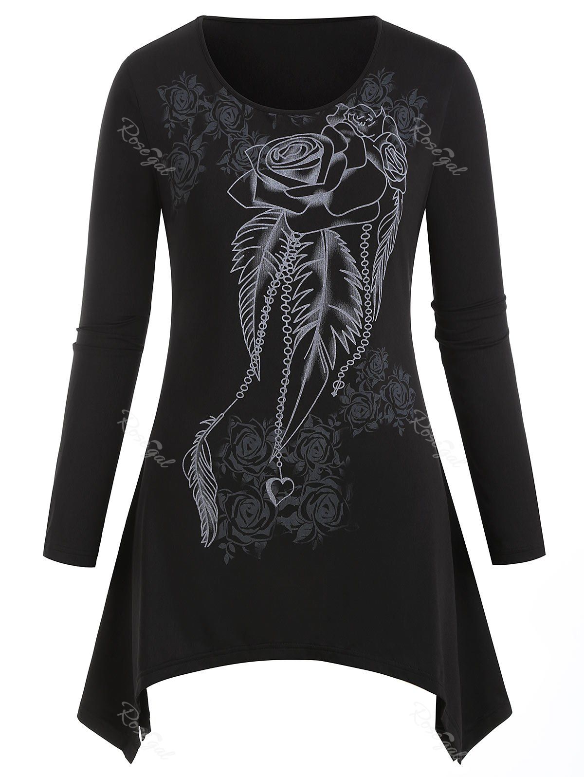 

Plus Size Floral Asymmetrical Long Sleeve Tunic, Black