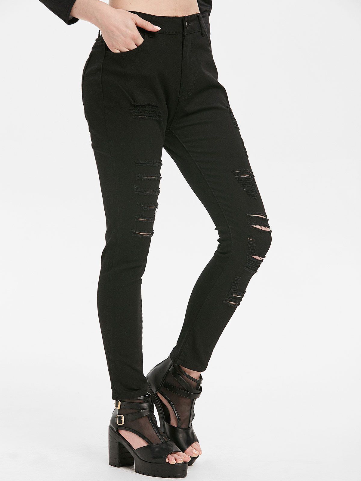 

Distressed Pocket Zipper Fly Jeans, Black