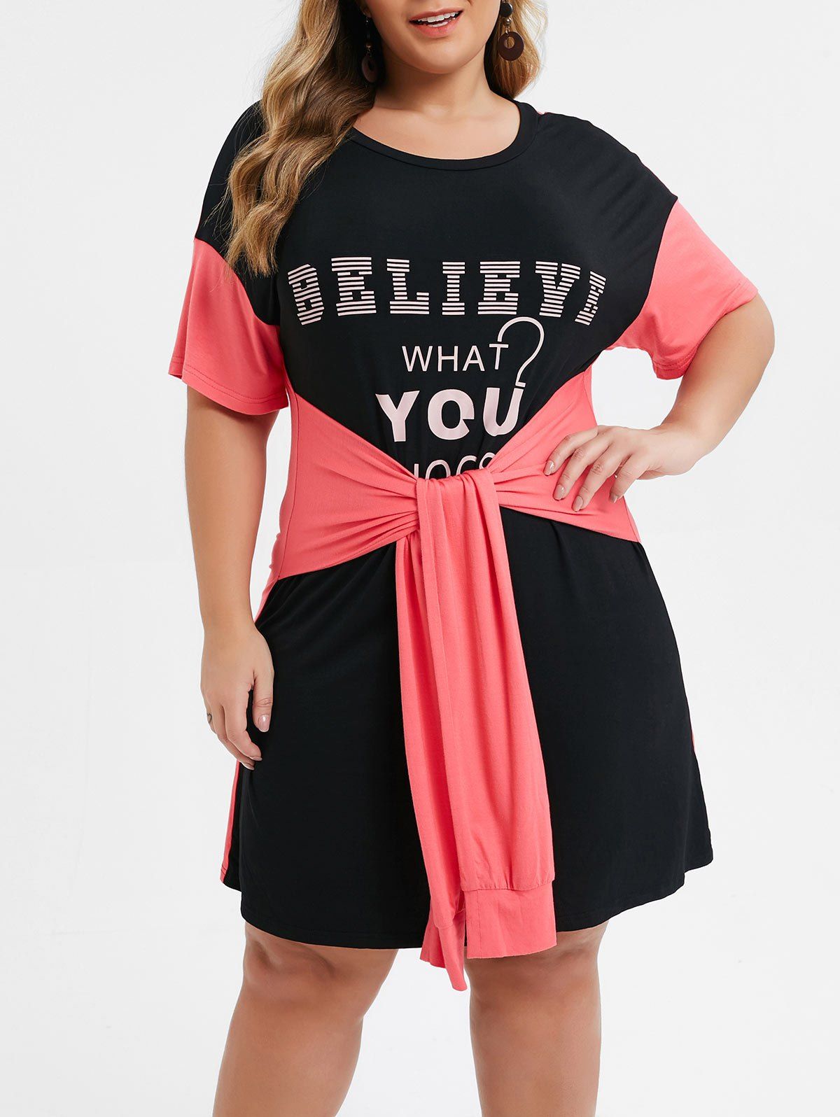 

Plus Size Tie Waist Slogan Print Casual Tee Dress, Multi
