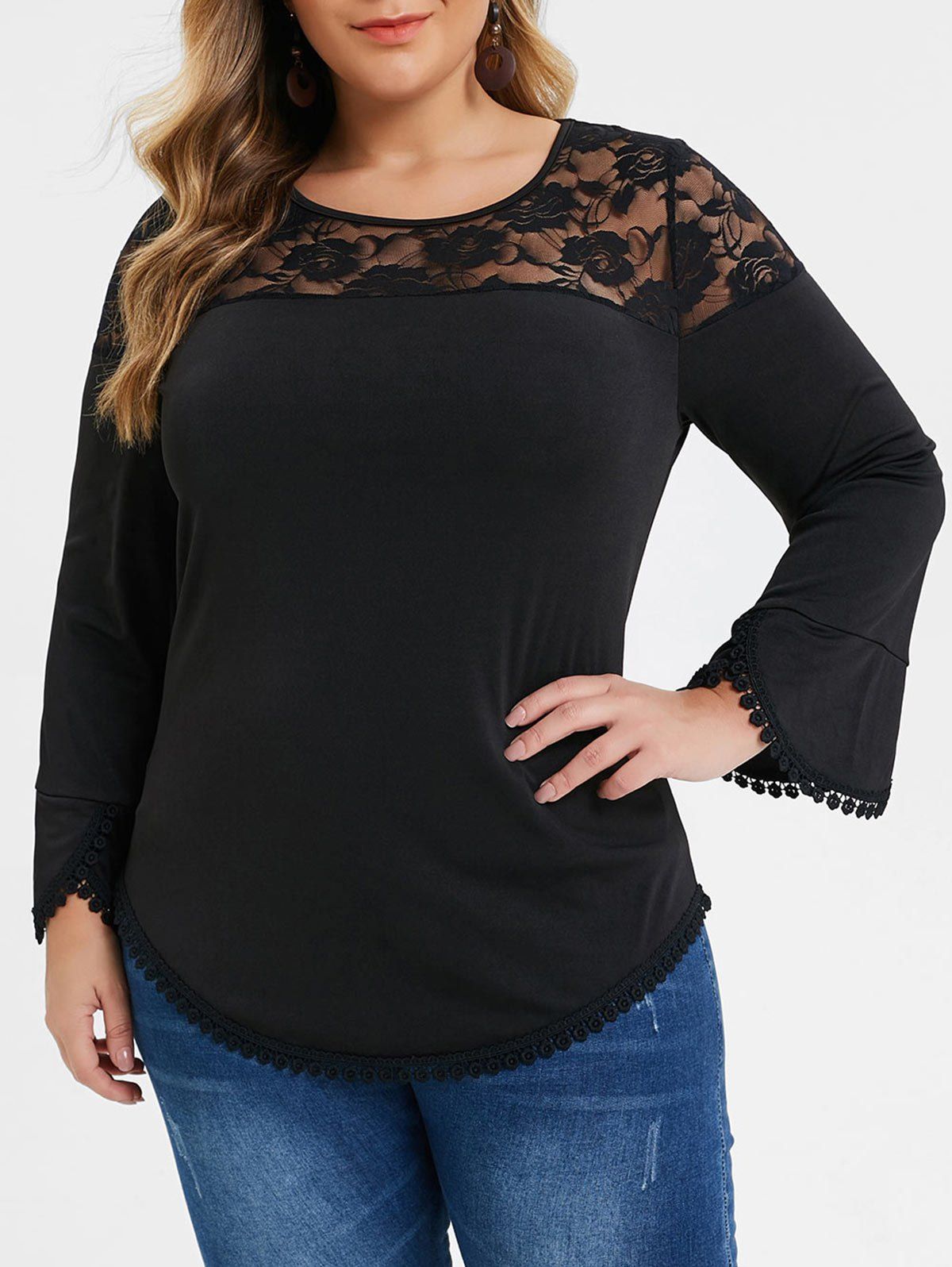 

Plus Size Ruffle Cuff Lace Panel T-shirt, Black
