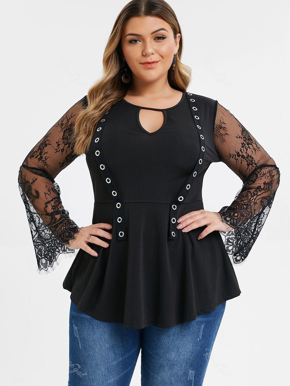 

Plus Size Keyhole Sheer Lace Grommets Peplum Top, Black