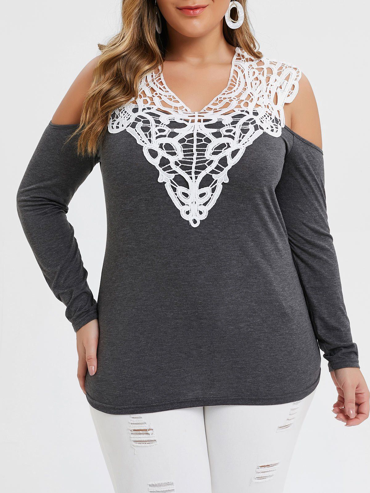 

Plus Size Lace Panel Heather Open Shoulder T-shirt, Gray