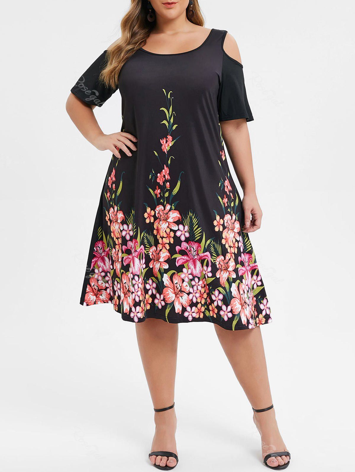 

Plus Size Cold Shoulder Floral Print A Line Dress, Black