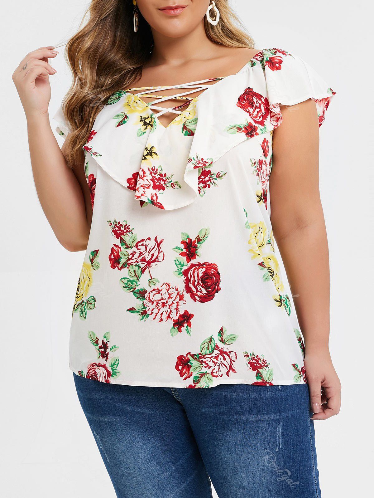 

Plus Size Criss Cross Floral Print Flounce Blouse, White
