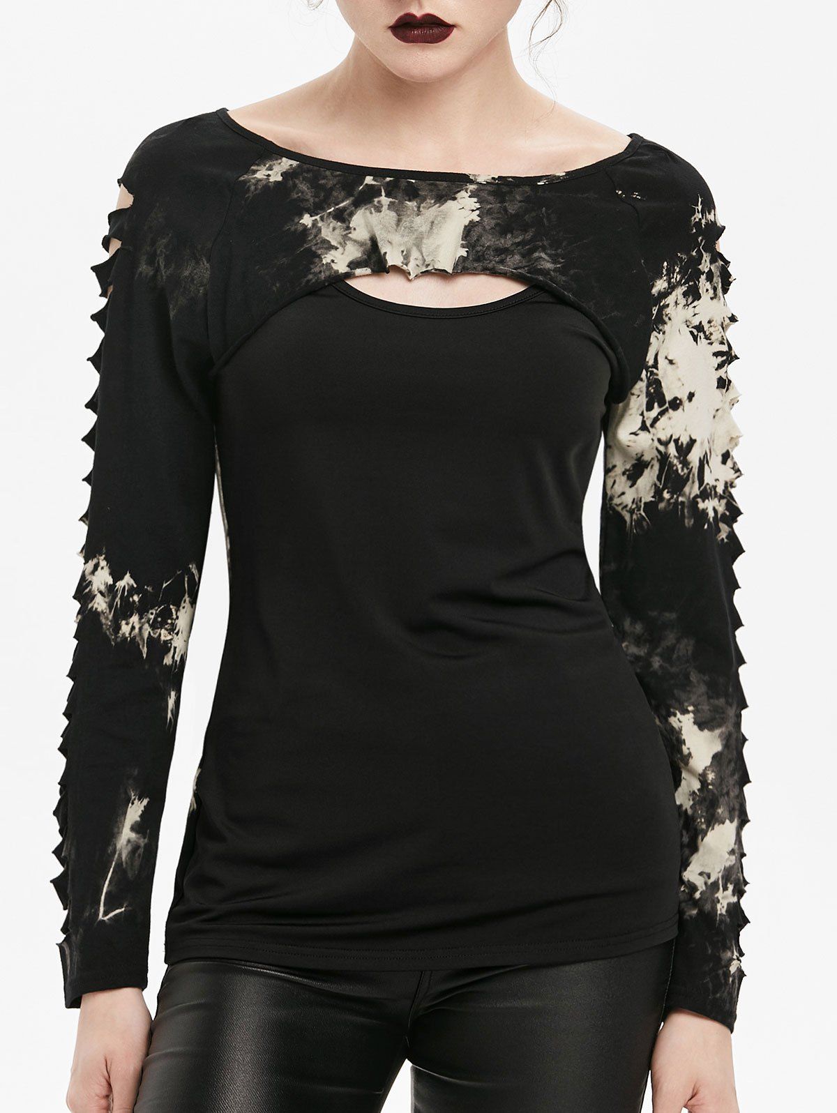 

Gothic Tie Dye Cut Out Ripped T-shirt, Black