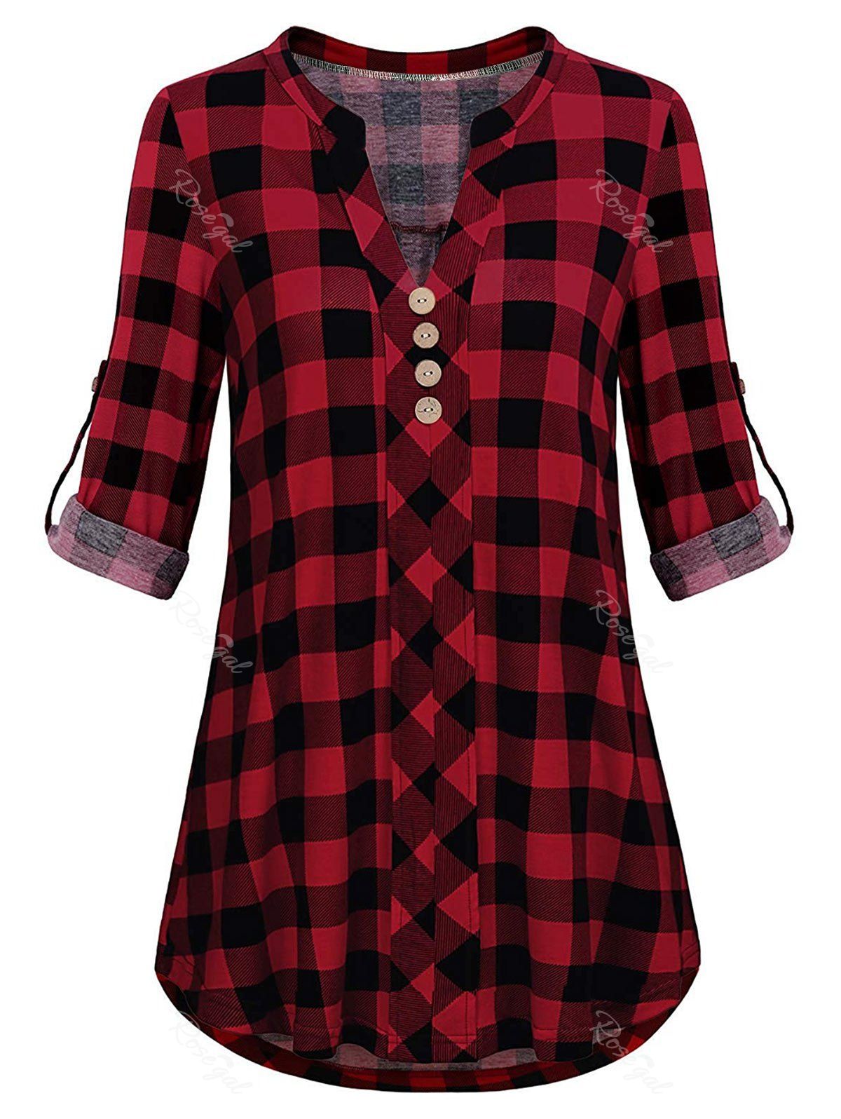 

Plus Size Roll Up Sleeve Split Neck Plaid Blouse, Red