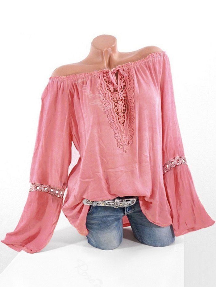 

Plus Size Off Shoulder Lace Crochet Blouse, Pink