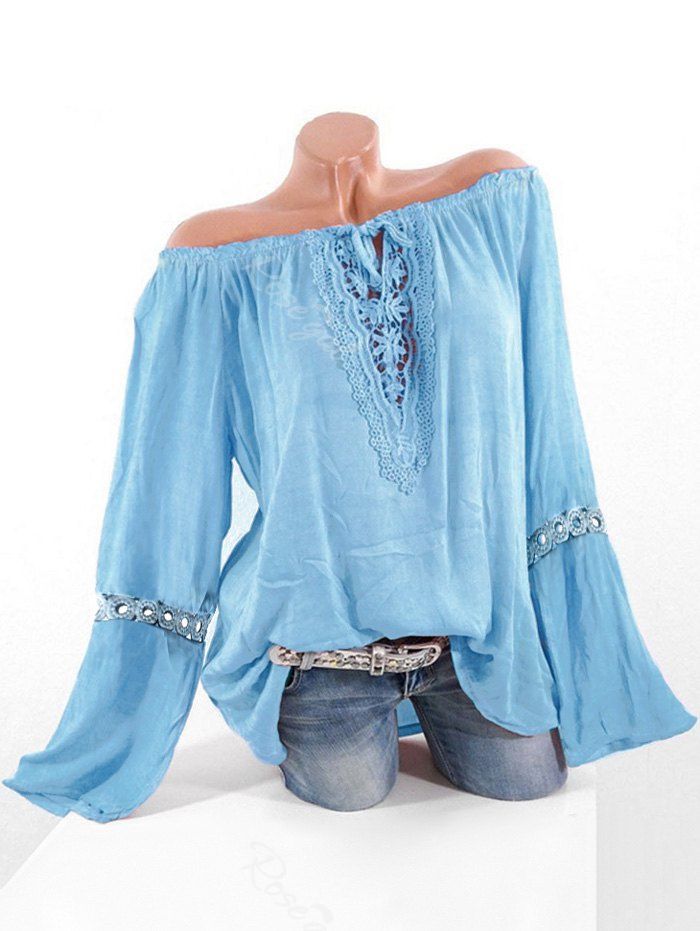 

Plus Size Off Shoulder Lace Crochet Blouse, Light sky blue