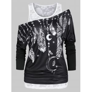 

Feather Print Ruched T Shirt with Solid Tank Top, Black