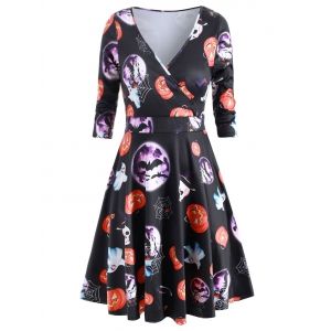 

Plus Size Halloween Pumpkin Skull Surplice Dress, Black