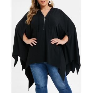 

Plus Size Asymmetrical Tunic Hooded Cloak T Shirt, Black