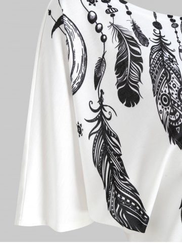 

Skew Neck Feather Print Short Sleeve T-shirt, White