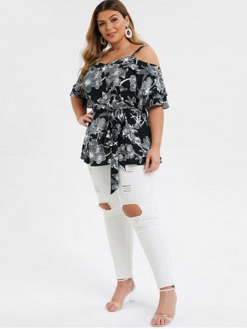 

Plus Size Open Shoulder Ditsy Print Sweetheart Collar Shirt, Black