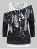 Feather Print Ruched T Shirt with Solid Tank Top -  