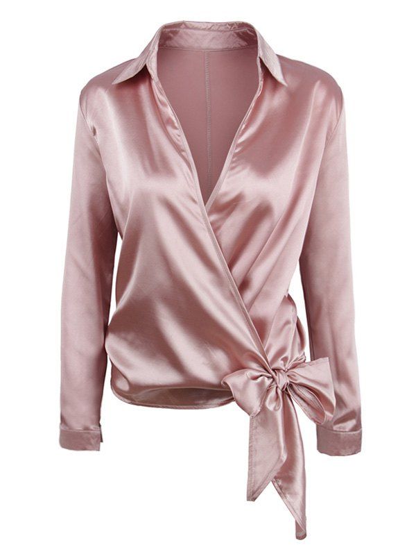 

Knotted Surplice Satin Long Sleeves Blouse, Rose