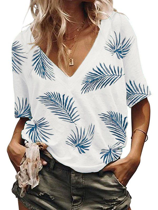 

Leaves Print V Neck Casual Tee, White