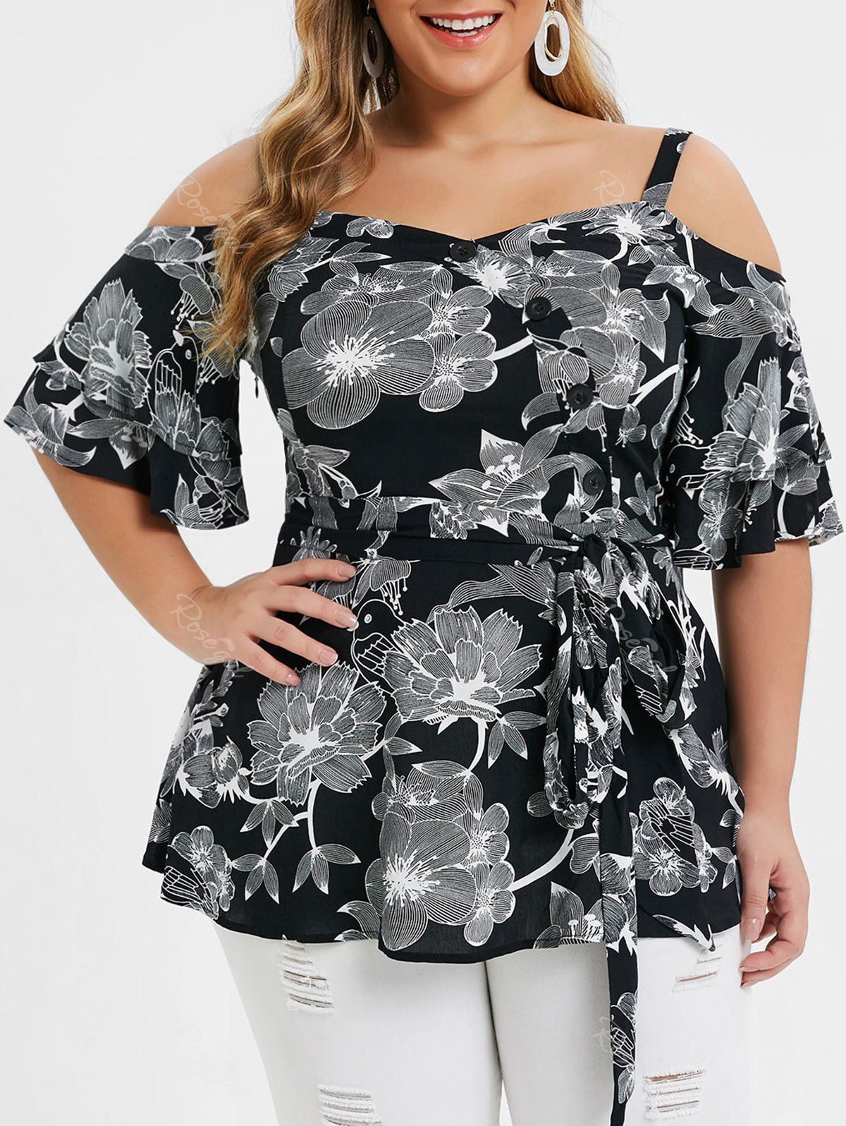 

Plus Size Open Shoulder Ditsy Print Sweetheart Collar Shirt, Black