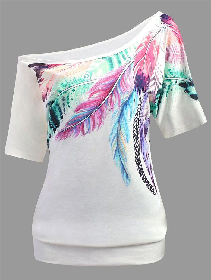 

Feather Print Skew Neck Casual Tee, White