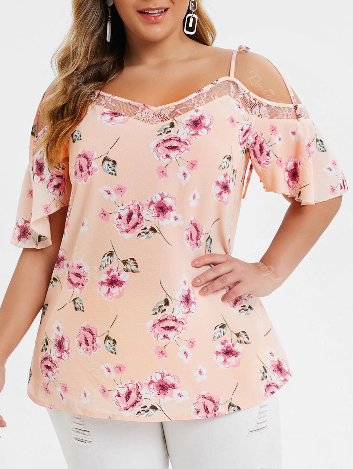 

Plus Size Floral Print Cold Shoulder Cami Blouse, Orange pink