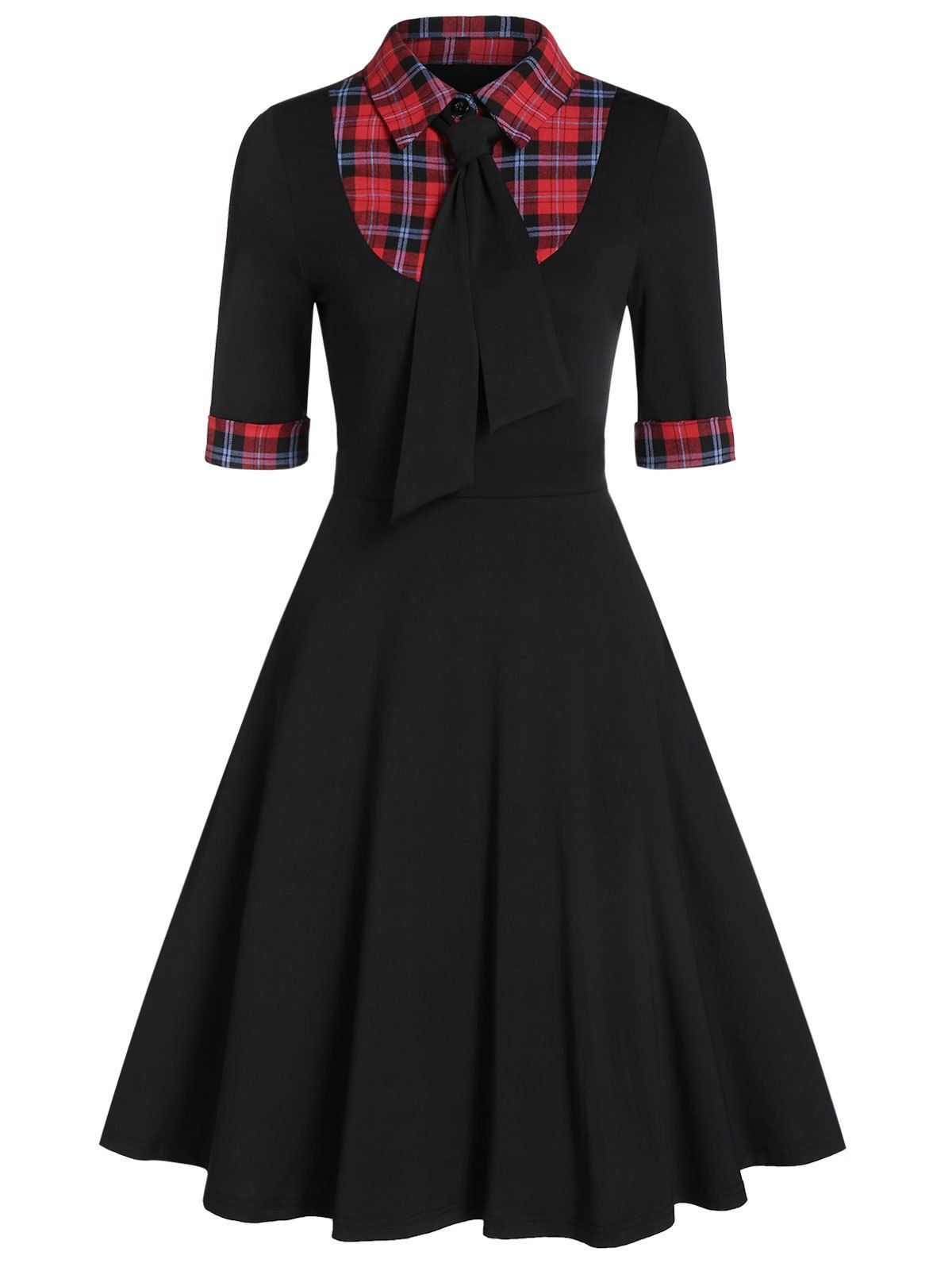 

Plaid Panel High Waist Fit And Flare Dress, Black