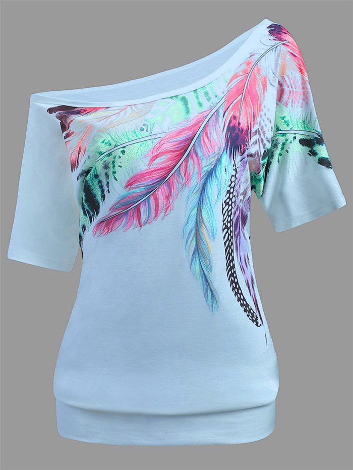 

Feather Print Skew Neck Casual Tee, Sea blue