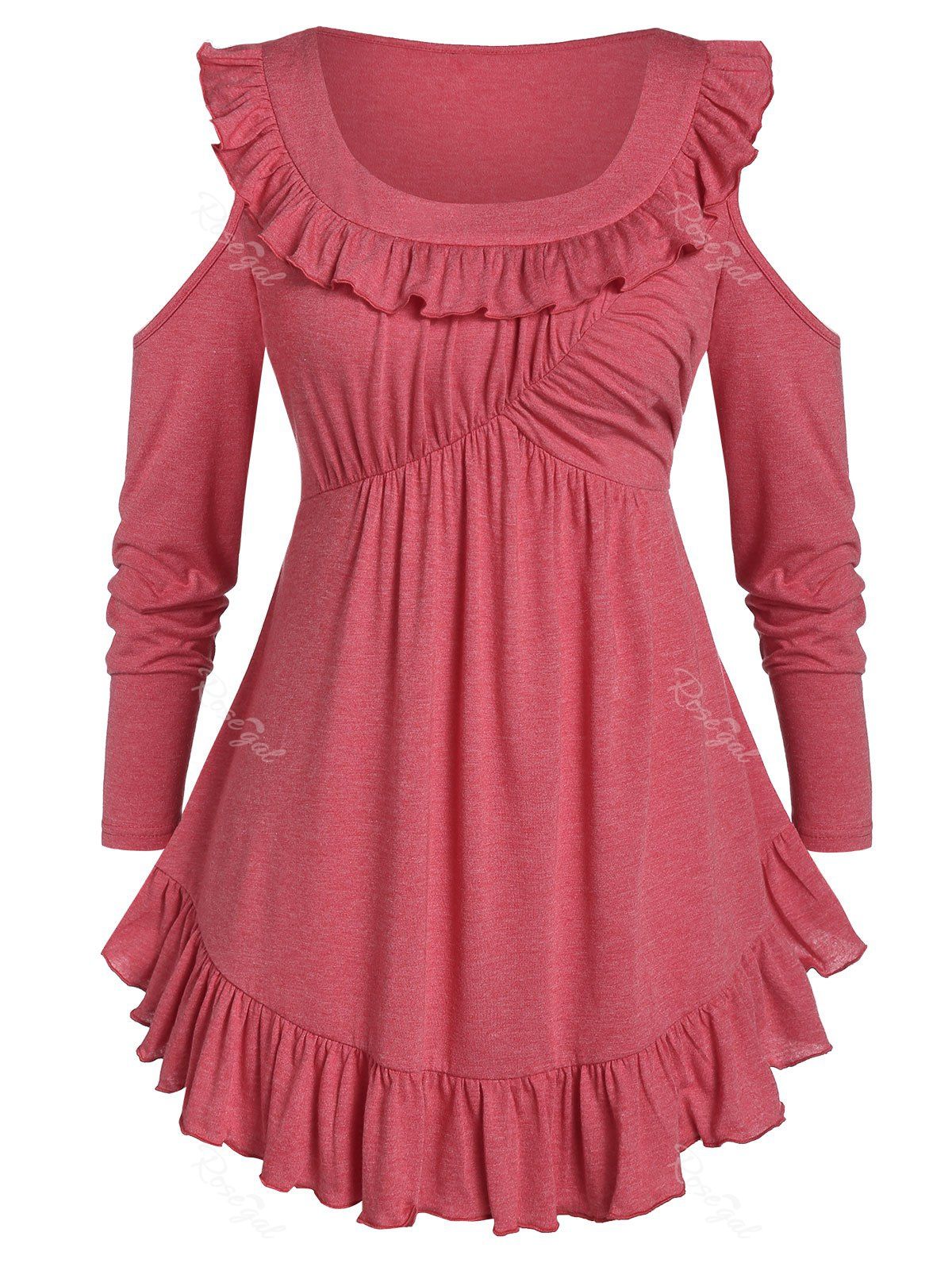 

Plus Size Ruffle Open Shoulder Space Dye T Shirt, Chestnut red