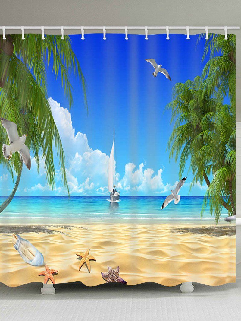 

Seaside Trees Birds Print Waterproof Bathroom Shower Curtain, Multi