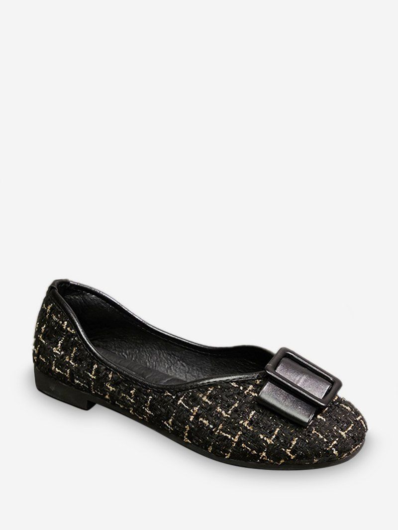 

Bow Tweed Round Toe Slip On Flats, Black