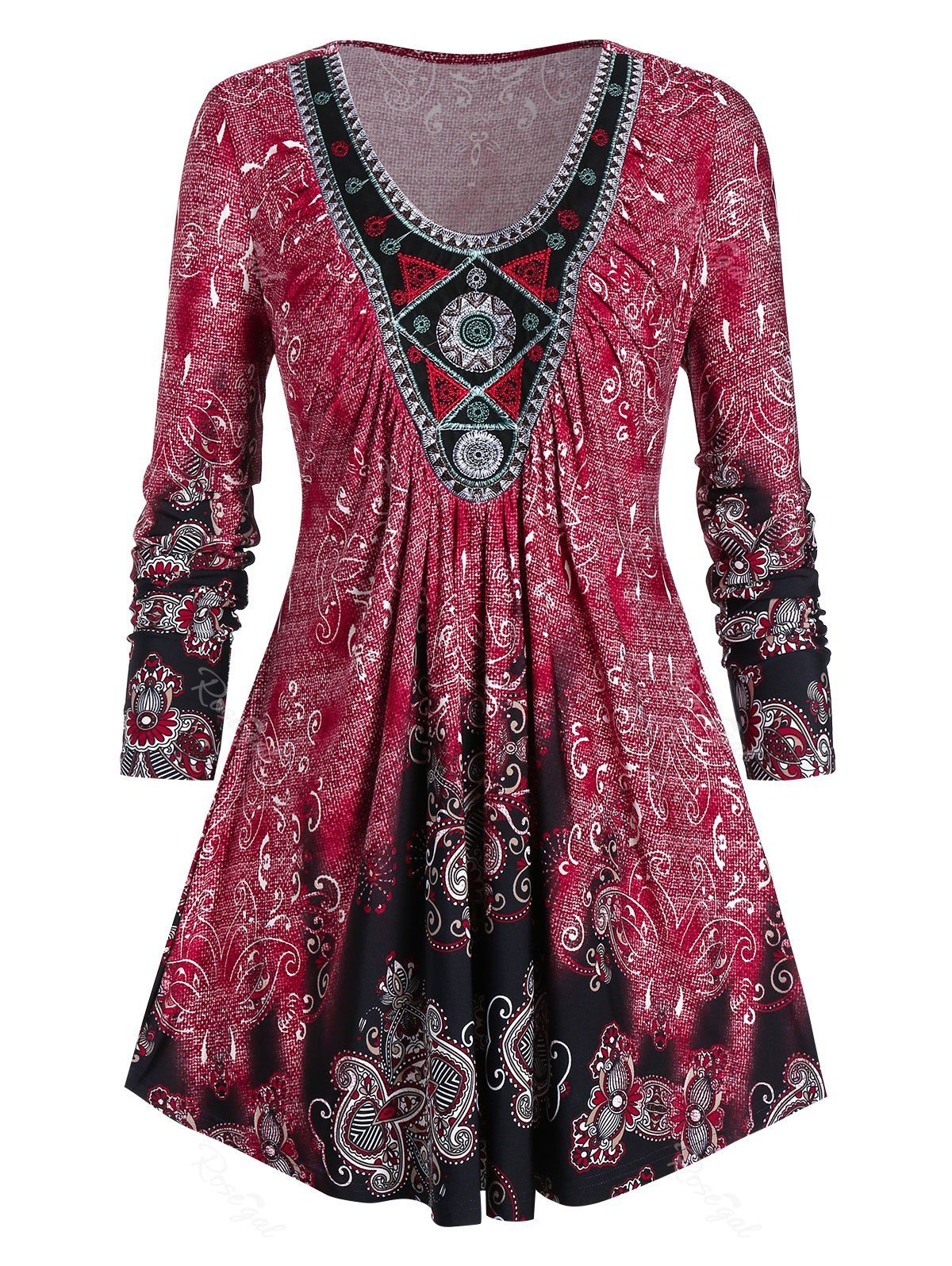 

Plus Size Ethnic Print Embroidered Tee, Red wine