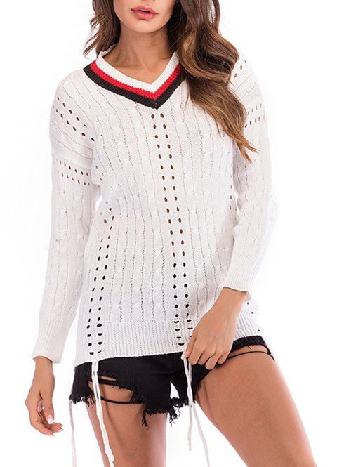 

Cable Knit Striped Openwork Sweater, White