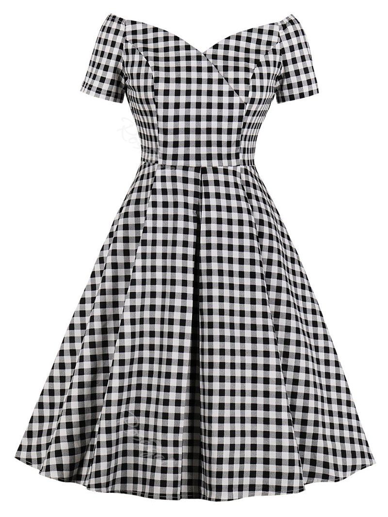 

Back Zipper Plaid Off Shoulder Plus Size Dress, Black