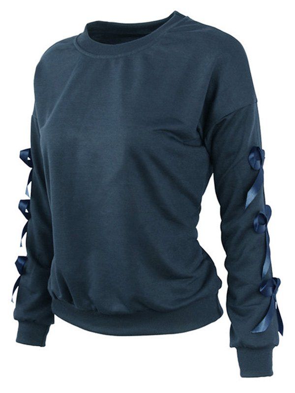 

Bowknot Embellished Solid Drop Shoulder Sweatshirt, Cadetblue